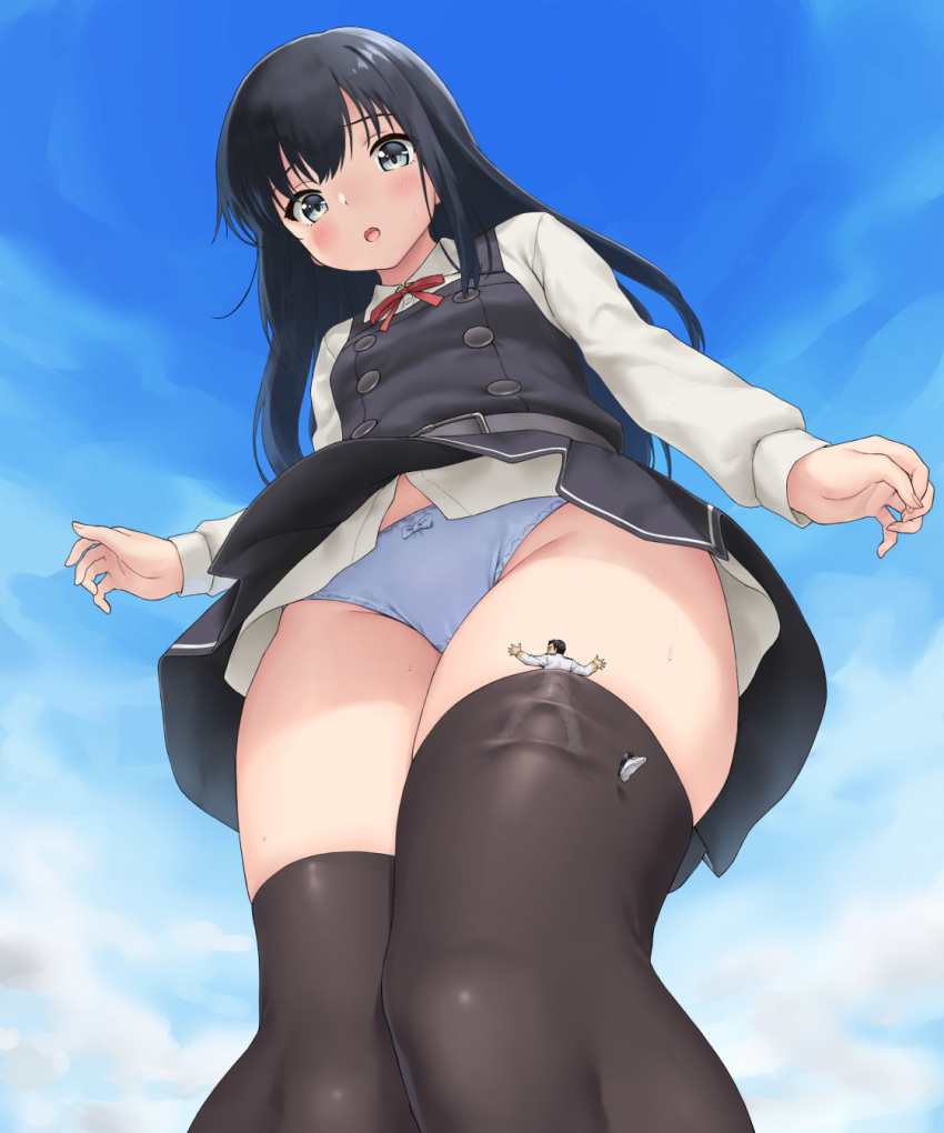 1boy 1girl admiral_(kancolle) asashio_(kancolle) belt black_hair black_legwear blue_eyes blue_panties blue_sky blush breasts buttons cloud cloudy_sky collared_shirt dress eyebrows_visible_through_hair from_below giant giantess hair_between_eyes hat hat_removed headwear_removed highres kantai_collection long_hair long_sleeves military military_hat military_uniform naval_uniform neck_ribbon open_mouth outdoors panties peaked_cap pinafore_dress red_ribbon ribbon shirt skirt sky small_breasts teston thigh_strap thighhighs underwear uniform white_shirt