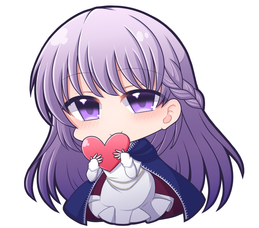 1girl belly_chain blue_cape blue_dress braid cape chibi commission commissioner_upload dress eyebrows_visible_through_hair fire_emblem fire_emblem:_the_binding_blade french_braid heart highres holding holding_heart jewelry long_hair purple_eyes purple_hair shiohachi skeb_commission smile solo sophia_(fire_emblem) transparent_background very_long_hair