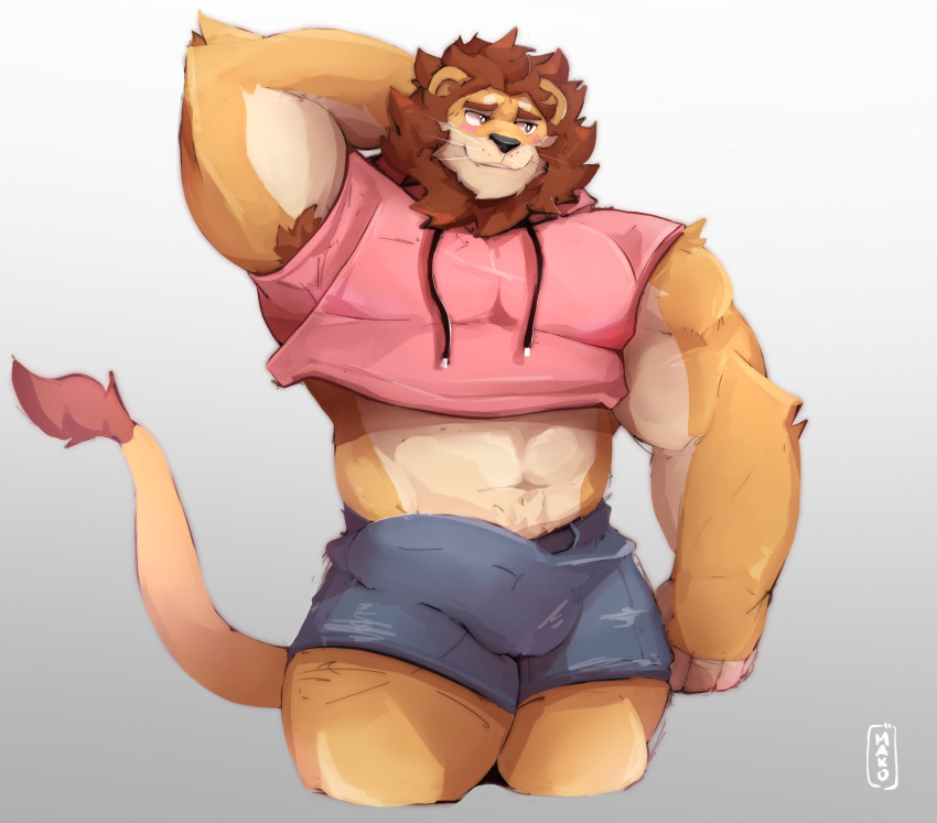 2021 anthro armpit_hair big_bulge blush body_hair bottomwear bulge clothed clothing crop_top erection erection_under_clothing felid flustered grey_background hair hand_behind_head hi_res hood lion looking_away makowolf1 male mammal mane muscular muscular_anthro muscular_male navel pantherine shirt shorts simple_background solo standing topwear