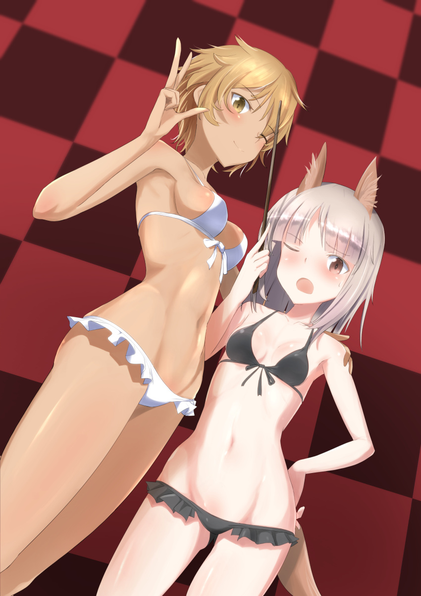 2girls animal_ears bikini bikini_skirt black_bikini blonde_hair blush brave_witches breasts brown_eyes checkered checkered_background collarbone dog_ears dog_tail edytha_rossmann eyebrows_visible_through_hair groin hand_on_another's_shoulder hand_on_hip highres looking_at_viewer multiple_girls navel one_eye_closed open_mouth selinanyan shiny shiny_hair short_hair simple_background small_breasts smile standing swimsuit swimwear tail w waltrud_krupinski white_bikini white_hair world_witches_series
