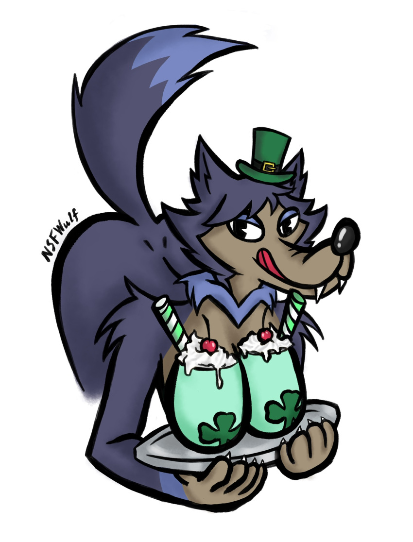 anthro beverage canid canine canis cherry clothing dairy_products fangs female food fruit fur hat headgear headwear hi_res holidays licking licking_lips mammal milkshake nsfwulf pie_cut_eyes pinup plant pose purple_body purple_fur shamrock solo st._patrick's_day straw tongue tongue_out tray whipped_cream wolf