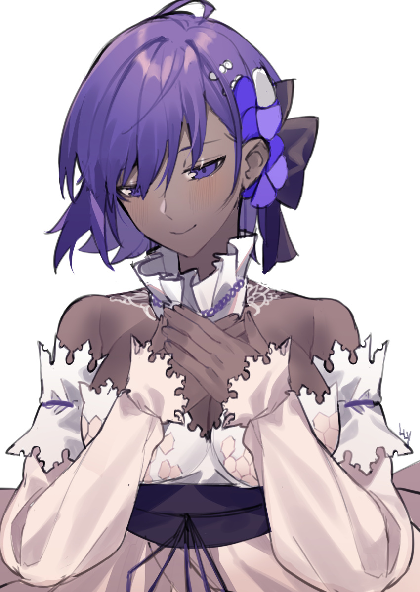 1girl absurdres bangs bare_shoulders black_bow bow breasts cleavage closed_mouth collar covering_mouth dark_skin dark_skinned_female detached_collar detached_sleeves dress fate/grand_order fate/prototype fate/prototype:_fragments_of_blue_and_silver fate_(series) frilled_collar frills hair_between_eyes hair_bow hair_ornament hairclip hassan_of_serenity_(fate) highres lilycious purple_eyes purple_hair purple_ribbon ribbon short_hair simple_background smile solo white_background white_collar white_dress