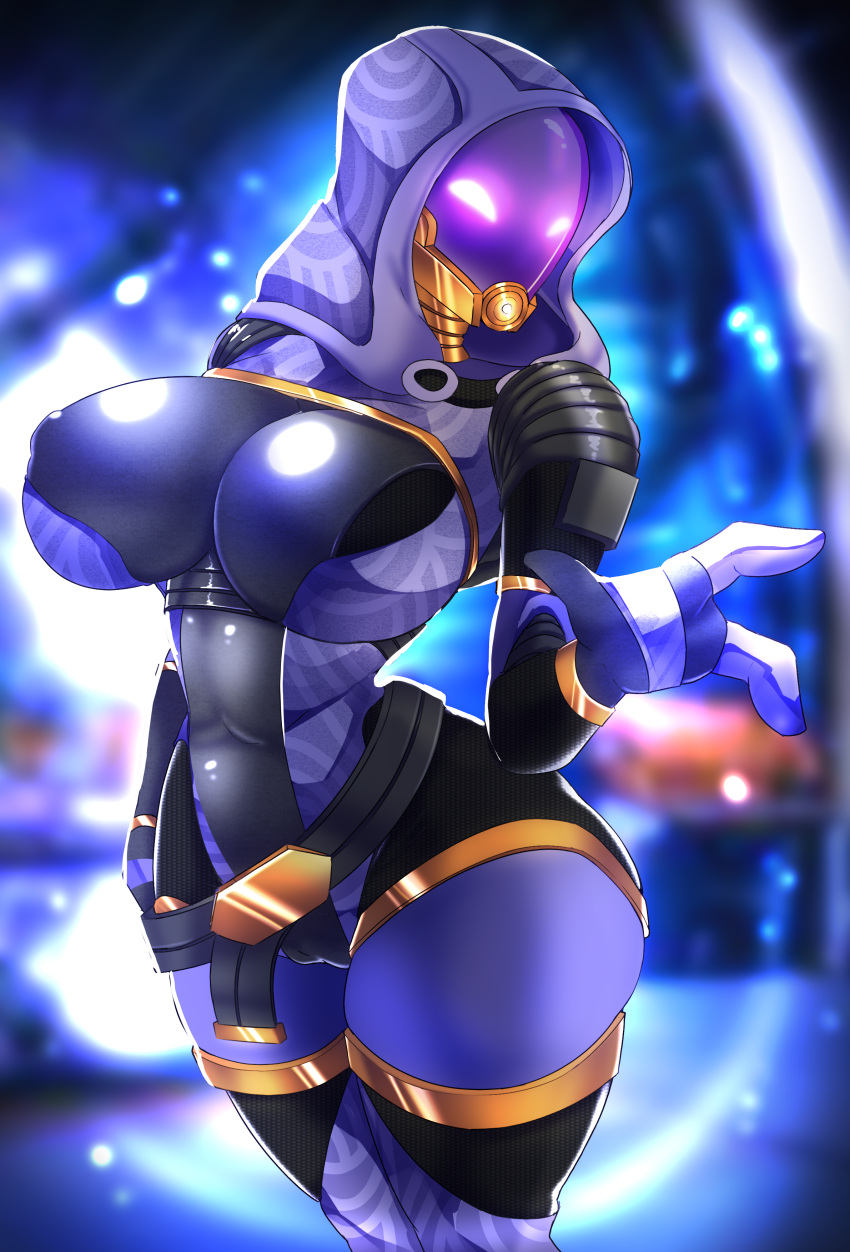 2021 3_fingers absurd_res alien alien_humanoid ashraely big_breasts breasts camel_toe clothing digital_media_(artwork) female fingers front_view hi_res humanoid mammal mask mass_effect not_furry quarian simple_background skinsuit solo tali'zorah thick_thighs tight_clothing video_games wide_hips