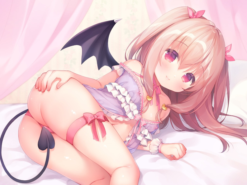 1girl ass babydoll bangs bare_shoulders bed bed_sheet blush bow breasts brown_hair cat_tail closed_mouth collarbone covered_nipples covering covering_crotch demon_girl demon_horns demon_tail demon_wings eyebrows_visible_through_hair frilled_babydoll from_behind hair_between_eyes hair_bow hair_ornament hand_on_ass hand_on_own_ass heart heart_hair_ornament highres horns indoors leg_strap lingerie long_hair looking_at_viewer looking_back lying navel nipples non-web_source on_back on_bed original panties partially_visible_vulva pillow pink_bow presenting purple_babydoll purple_eyes purple_panties small_breasts smile solo stomach tail tail_censor thighs twintails underwear usashiro_mani wings wrist_cuffs