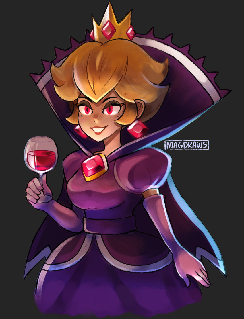 1girl absurdres alcohol blonde_hair crown cup dress drinking_glass earrings elbow_gloves gloves grin high_collar highres jewelry lipstick mag_(magdraws) makeup mario_(series) paper_mario paper_mario:_the_thousand_year_door princess_peach purple_dress red_eyes shadow_queen sidelocks smile spoilers wine wine_glass