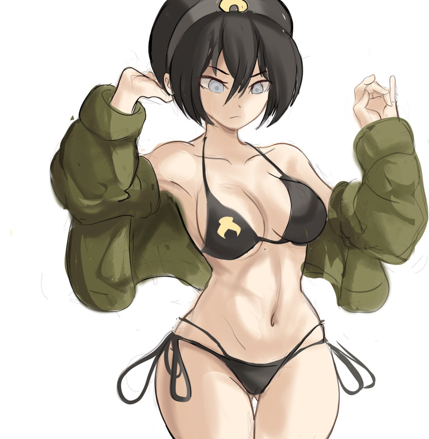 1girl avatar_(series) bare_shoulders black_hair black_panties blind bomber_jacket breasts cameltoe commentary cowboy_shot emblem feet_out_of_frame green_jacket hair_between_eyes hairband halterneck highres jacket long_sleeves medium_breasts navel panties rakeemspoon short_hair side-tie_panties simple_background solo string_bra string_panties the_legend_of_korra toph_bei_fong underwear white_background