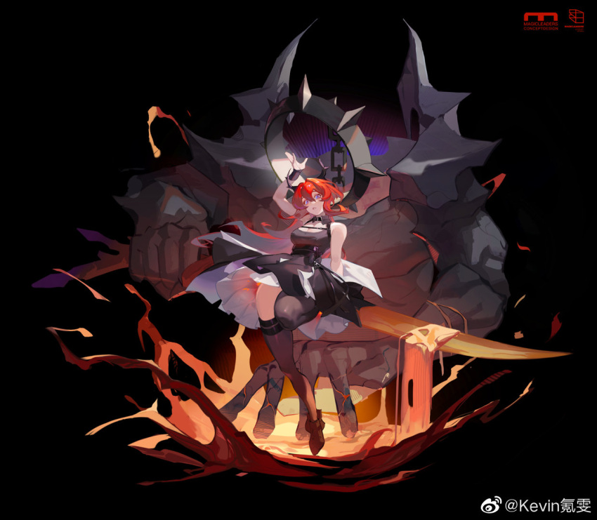 1girl arknights bare_shoulders demon demon_girl demon_horns dress horns kevin_krypton kneehighs long_hair looking_at_viewer molten_rock red_hair solo surtr_(arknights) sword weapon