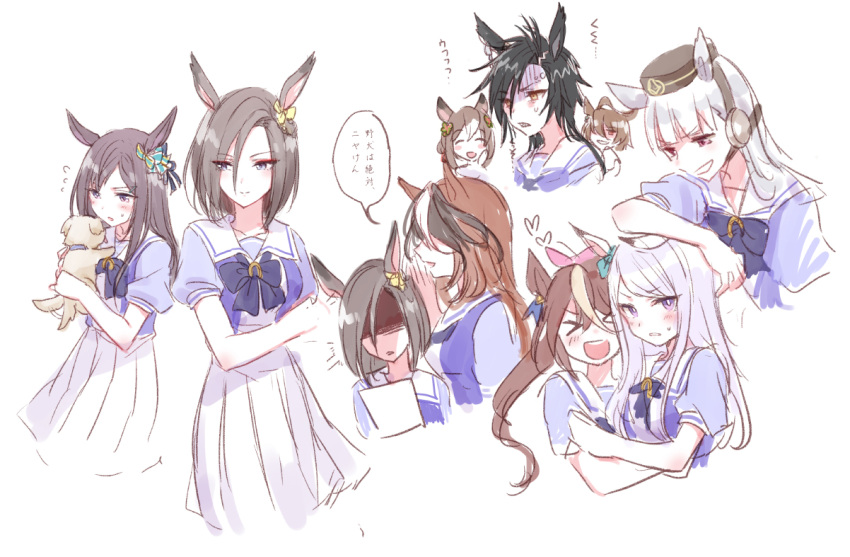 &gt;_&lt; 6+girls :d ^_^ agnes_tachyon_(umamusume) air_groove_(umamusume) air_shakur_(umamusume) animal animal_ears black_hair brown_hair closed_eyes clover_hair_ornament ear_bow elbow_on_another's_head fine_motion_(umamusume) flying_sweatdrops gold_ship_(umamusume) hair_ornament hand_on_own_cheek hand_on_own_face hat heart hidden_face holding holding_animal horse_ears mejiro_dober_(umamusume) mejiro_mcqueen_(umamusume) multicolored_hair multiple_girls multiple_views open_mouth profile purple_eyes red_eyes romi_(346_ura) school_uniform shaded_face silver_hair simple_background smile streaked_hair symboli_rudolf_(umamusume) tokai_teio_(umamusume) tracen_school_uniform translation_request turn_pale umamusume white_background