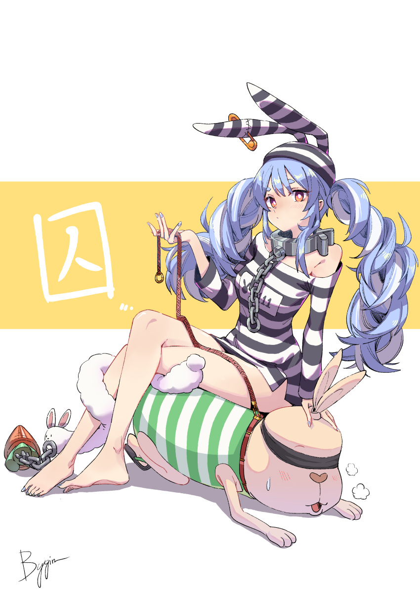 1girl 1other absurdres animal_ears arm_support ball_and_chain_restraint bare_legs bdsm blindfold blue_hair blush braid breasts bunny_ears carrot chain chen_yang_yang commentary_request crossed_legs cuffs don-chan_(usada_pekora) full_body hand_up heavy_breathing highres holding holding_leash hololive leash legs long_hair long_sleeves multicolored_hair nail_polish no_pants off_shoulder orange_eyes oversized_clothes oversized_shirt prison prison_clothes rabbit_girl shackles shirt short_eyebrows sitting sitting_on_person small_breasts speech_bubble striped striped_background striped_headwear striped_shirt sweat sweatdrop thick_eyebrows toenail_polish translation_request twin_braids twintails two-tone_hair usada_pekora virtual_youtuber white_background white_hair