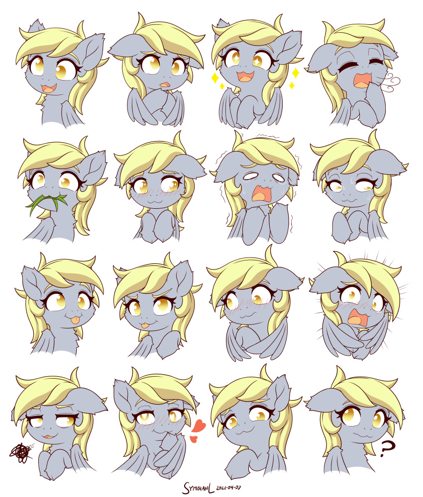 &lt;3 &lt;3_eyes 2021 ? absurd_res blep blonde_hair blush bodily_fluids derp_eyes derpy_hooves_(mlp) digital_media_(artwork) equid equine expression_sheet eyes_closed feathered_wings feathers female feral friendship_is_magic hair hasbro hi_res hooves mammal my_little_pony open_mouth open_smile pegasus pivoted_ears simple_background smile solo sweat sweatdrop symbianl tears tongue tongue_out white_background wings yawn yellow_eyes