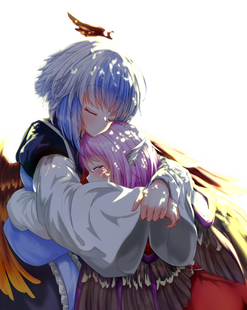 2girls absurdres bangs besuteia bird_wings blue_dress blue_hair blush brown_skirt closed_eyes commentary_request crying dappled_sunlight dress eyebrows_visible_through_hair feathered_wings head_wings highres hug jewelry leaning_on_person long_sleeves multicolored_hair multiple_girls mystia_lorelei no_mouth own_hands_together pink_hair short_hair single_earring single_head_wing skirt sunlight tears tokiko_(touhou) touhou two-tone_hair upper_body white_background white_hair white_sleeves wings