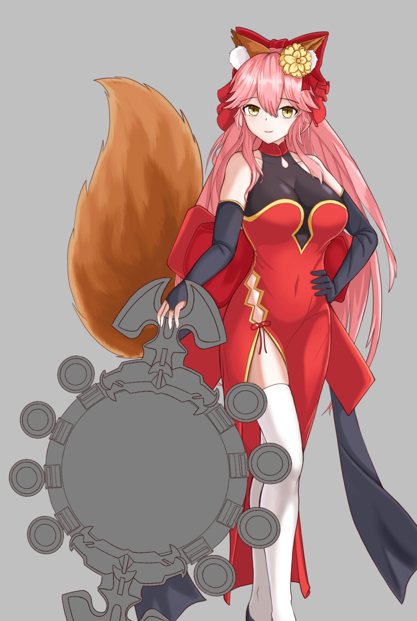 1girl absurdres animal_ear_fluff animal_ears artist_request breasts chinese_clothes cleavage collarbone dress elbow_gloves eyebrows_visible_through_hair fate/extella fate/extra fate/extra_ccc fate/grand_order fate_(series) fingerless_gloves flower fox_ears fox_girl fox_tail gloves hair_flower hair_ornament hair_ribbon hand_on_hip highres large_breasts looking_at_viewer mirror open_mouth pink_hair red_dress red_ribbon ribbon solo suiten_nikkou_amaterasu_yanoshisu_ishi tail tamamo_(fate)_(all) tamamo_no_mae_(fate) yellow_eyes