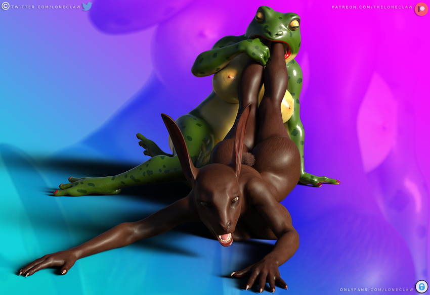 amphibian anthro beatrice_(loneclaw) big_breasts big_butt breasts butt chubby_anthro chubby_female daz3d daz_3d daz_studio dragged duo feet_first female female/female frog lagomorph leporid loneclaw mammal on_ground oral_vore pulled rabbit same_size same_size_vore scared slightly_chubby thick_thighs unwilling_vore vore wide_hips