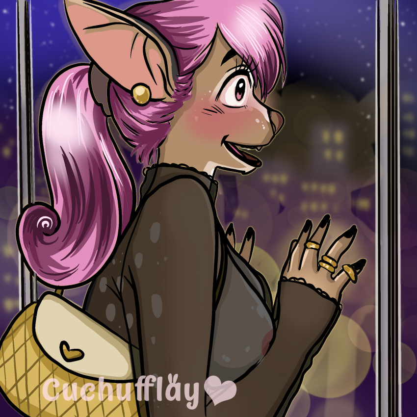 anthro blush brown_body brown_fur cervid city city_background clothing colored_nails cuchufflay ear_piercing ear_ring eyelashes female fur glass hair hi_res mammal nails night open_mouth piercing pink_hair purse ring solo spots spotted_body spotted_fur star translucent translucent_clothing translucent_topwear