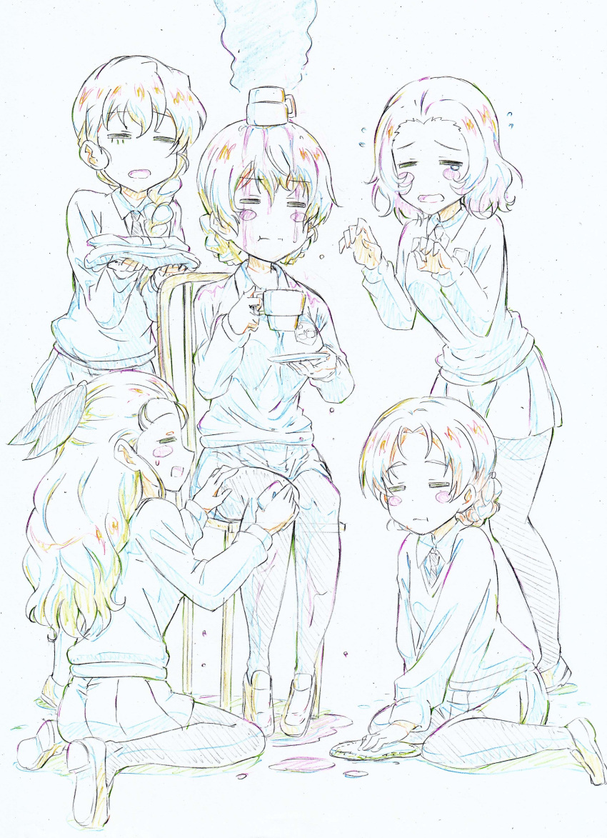 5girls :i :t absurdres assam_(girls_und_panzer) bangs blush_stickers braid braided_ponytail closed_mouth color_trace colored_pencil_(medium) commentary cup darjeeling_(girls_und_panzer) dress_shirt emblem facing_another flying_sweatdrops frown girls_und_panzer hair_over_shoulder hair_pulled_back hair_ribbon highres holding holding_cup holding_saucer holding_towel kitazinger loafers long_hair long_sleeves medium_hair miniskirt multiple_girls necktie open_mouth orange_pekoe_(girls_und_panzer) pantyhose parted_bangs pleated_skirt ribbon rosehip_(girls_und_panzer) rukuriri_(girls_und_panzer) saucer school_uniform shirt shoes short_hair single_braid sitting skirt smile st._gloriana's_school_uniform standing steam sweatdrop sweater teacup tearing_up tied_hair towel traditional_media twin_braids v-neck wariza wet wet_hair wing_collar wiping wooden_chair