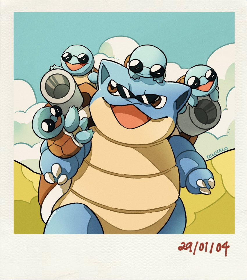 3_fingers ambiguous_gender anthro biped blastoise blue_body blue_skin brown_eyes carrying claws climbing cloud day detailed_background digital_media_(artwork) eyewear finger_claws fingers grass group happy hi_res larger_ambiguous larger_anthro looking_at_another nature nintendo on_head on_top on_top_of open_mouth open_smile outside photo piggyback plant pok&eacute;mon pok&eacute;mon_(species) reptile scalie semi-anthro shell size_difference sky smaller_ambiguous smaller_anthro smile squirtle squirtle_squad standing sunglasses teletelo tongue video_games