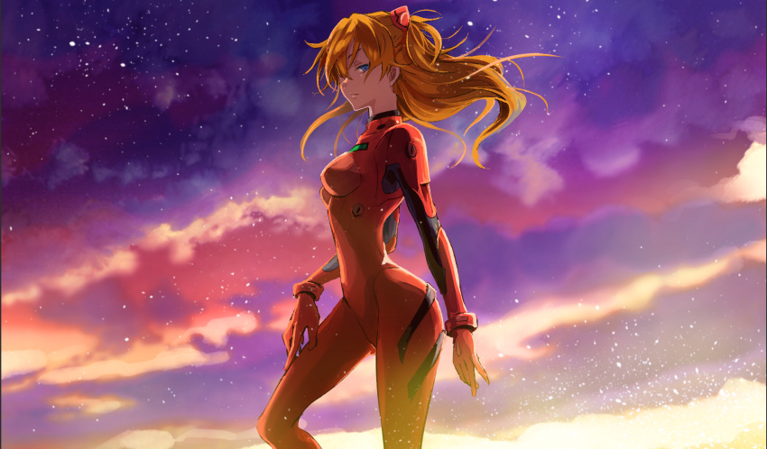 1girl arm_at_side blue_eyes breasts hair_between_eyes hand_on_thigh highres interface_headset long_hair looking_at_viewer medium_breasts neon_genesis_evangelion orange_hair plugsuit shihouakira solo souryuu_asuka_langley star_(sky)