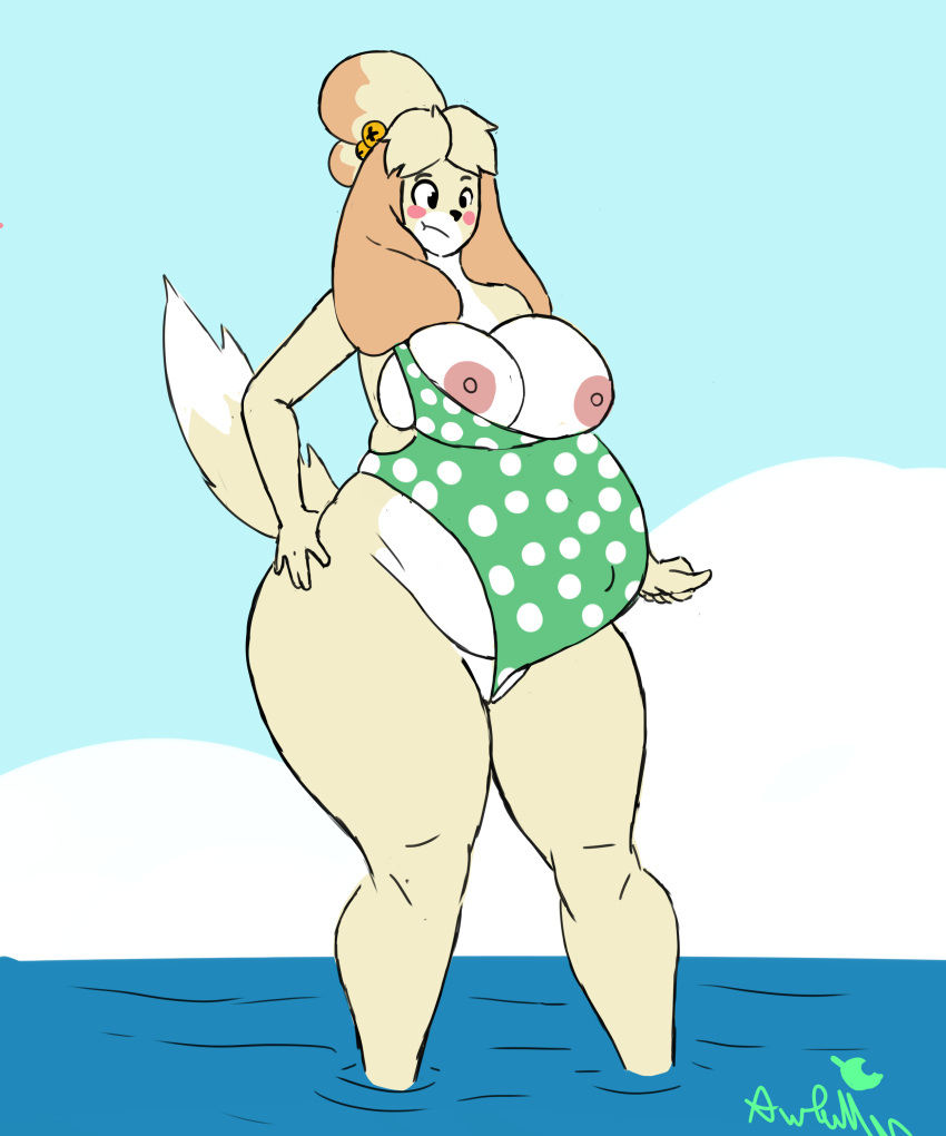 absurd_res animal_crossing anthro awful_lad belly big_belly big_breasts blush breasts camel_toe canid canine canis clothed clothing domestic_dog exposed_breasts female hi_res isabelle_(animal_crossing) mammal nintendo nipples one-piece_swimsuit pregnant shih_tzu solo swimwear thick_thighs toy_dog video_games wide_hips