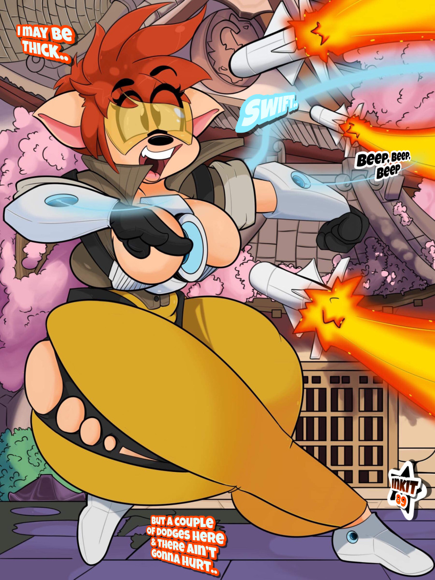 2020 absurd_res anthro big_breasts big_butt blizzard_entertainment breasts butt clothing cosplay crossover crossover_cosplay curvy_figure detailed_background dialogue digital_media_(artwork) disney domestic_cat english_text eyewear felid feline felis female goggles goof_troop hair hi_res hourglass_figure huge_breasts huge_butt inkit89 jacket mammal missile overwatch pistol_pete red_hair smile solo tan_body tan_skin teeth text thick_thighs tight_clothing tongue topwear tracer_(overwatch) video_games voluptuous wide_hips