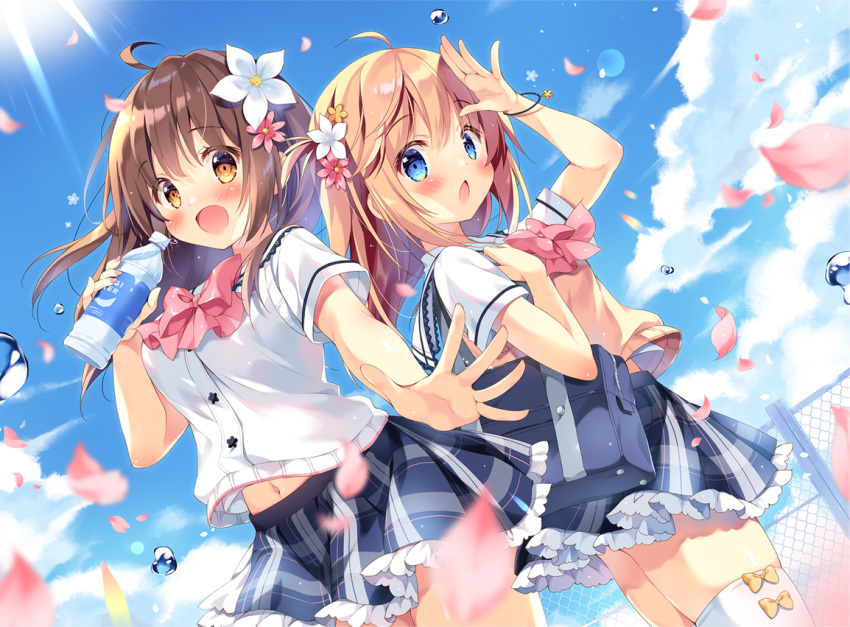 2girls :d arm_up bag bangs black_skirt blue_eyes blue_sky blush bottle bow breasts brown_eyes brown_hair chain-link_fence cloud commentary day dutch_angle eyebrows_visible_through_hair fence flower hair_between_eyes hair_flower hair_ornament haruka-chan_(pan_(mimi)) holding holding_bottle kokoa-chan_(pan_(mimi)) light_brown_hair long_hair medium_breasts multiple_girls open_mouth original outdoors pan_(mimi) petals pink_bow pink_flower plaid plaid_skirt pleated_skirt school_bag school_uniform shirt short_sleeves skirt sky smile sweater_vest thighhighs water_bottle water_drop white_flower white_legwear white_shirt yellow_bow yellow_flower