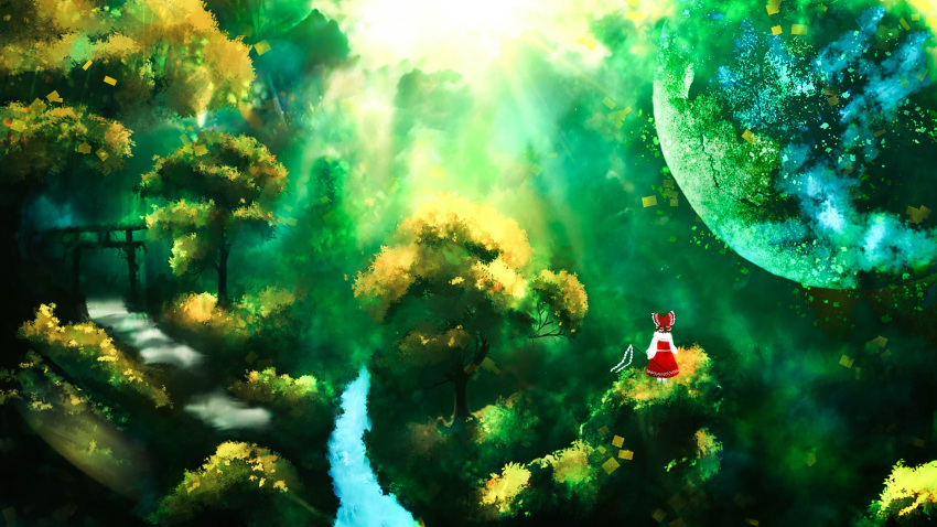 1girl akyuun black_hair bow cloud detached_sleeves english_commentary engrish_commentary forest from_behind gohei green_sky hair_bow hakurei_reimu highres light_rays nature planet red_skirt red_vest river road scenery skirt solo standing sun sunbeam sunlight surreal torii touhou tree vest walkway wide_shot
