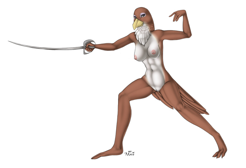 2013 anthro avian beak bird bourbon._(artist) breasts brown_body contessa_(animalympics) falcon falconid female fencing fencing_foil genitals looking_at_viewer melee_weapon neck_tuft nipples non-mammal_breasts nude pussy simple_background solo standing tuft weapon white_background white_body