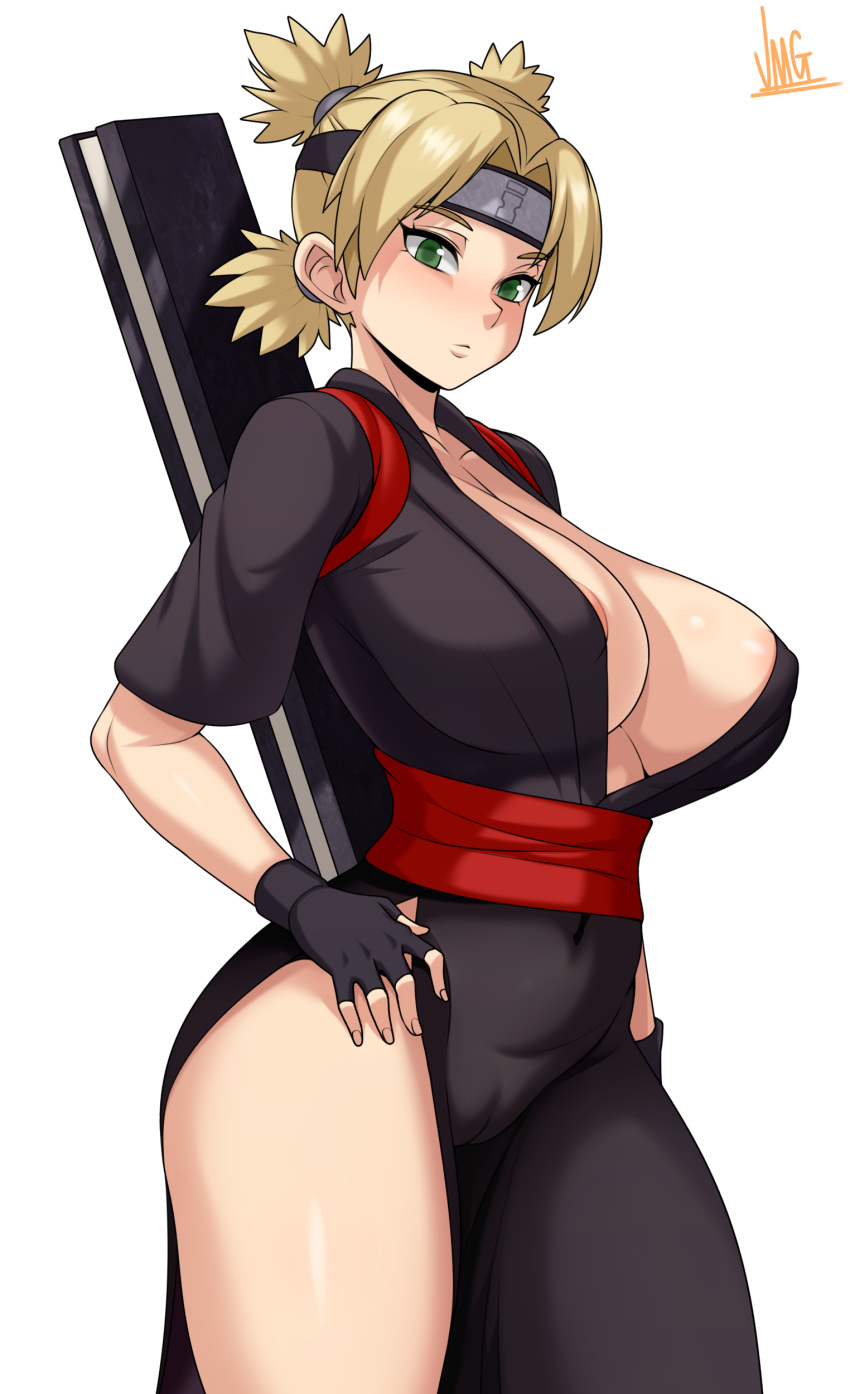 1girl absurdres areola_slip areolae artist_name bangs black_gloves blonde_hair breasts cameltoe cleft_of_venus collarbone dress fingerless_gloves fingernails forehead_protector gloves green_eyes headband highres japanese_clothes jmg large_breasts looking_at_viewer naruto naruto_(series) panties parted_bangs quad_tails short_sleeves smile solo sunagakure_symbol temari thick_thighs thighs underwear