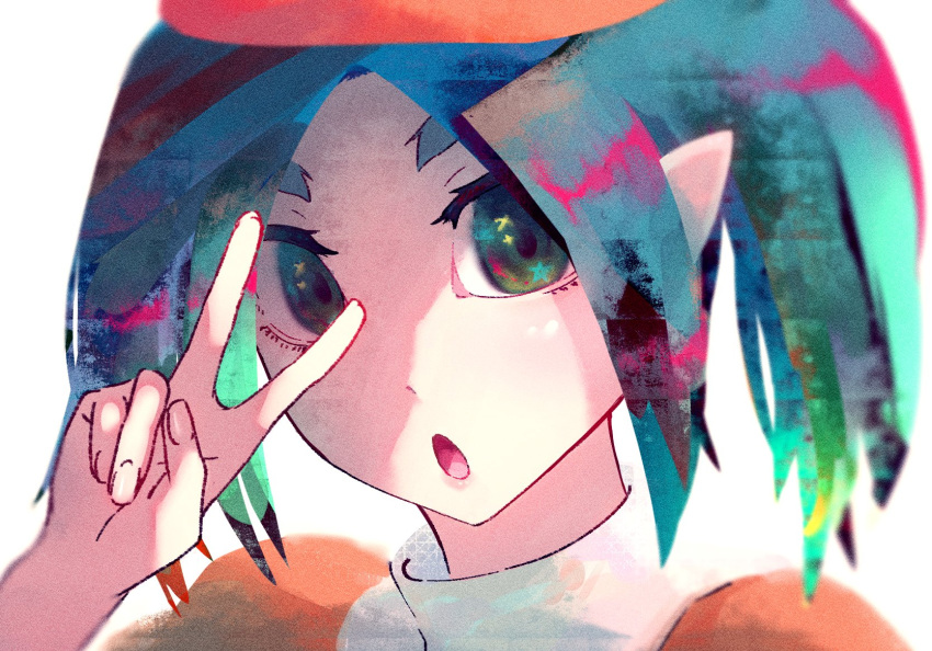 +_+ 1girl character_doll daydreamkazooma green_eyes hat highres looking_at_viewer monogatari_(series) ononoki_yotsugi open_mouth tsukimonogatari twintails v