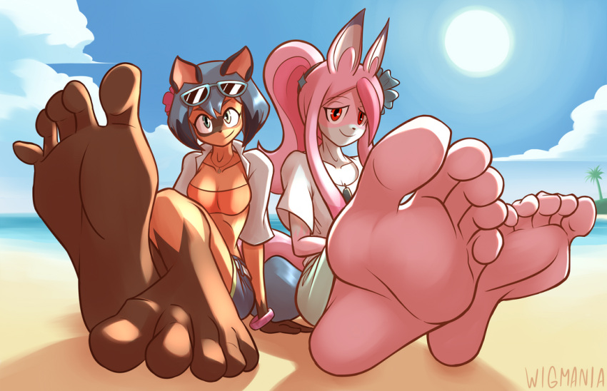 anthro barefoot blue_body blue_eyes blue_fur blue_hair brand_new_animal brown_body brown_fur canid canine clothed clothing duo feet female fluffy fluffy_tail foot_fetish foot_focus fox fur hair humanoid_feet long_hair mammal michiru_kagemori nazuna_hiwatashi netflix pink_body pink_fur pink_hair raccoon_dog simple_background smile solo studio_trigger tanuki topwear white_body white_fur wigmania