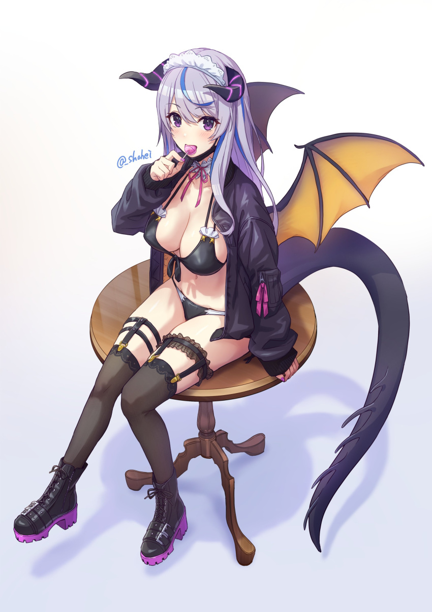 1girl absurdres bikini black_bikini black_footwear black_jacket black_legwear boots breasts candy choker cleavage dragon_girl dragon_horns dragon_tail dragon_wings food food_in_mouth frilled_choker frills front-tie_bikini front-tie_top headdress highres holding horns jacket large_breasts lollipop long_hair long_sleeves looking_at_viewer mask mask_pull mouth_mask multi-strapped_bikini multicolored_hair nail_polish navel open_clothes open_jacket open_mouth original purple_eyes shouhei side-tie_bikini silver_hair sitting sitting_on_table solo stomach streaked_hair string_bikini swimsuit table tail thighhighs thighs wings