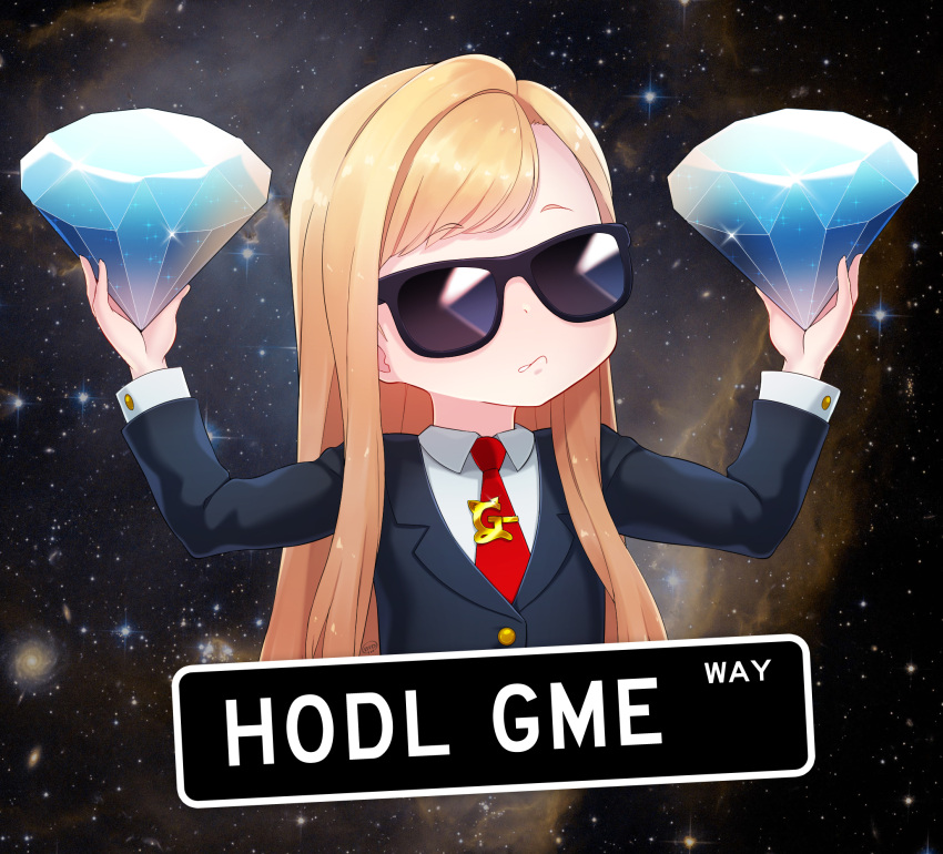 1girl alternate_costume artist_name bangs black-framed_eyewear black_jacket blonde_hair born-to-die buttons closed_mouth collared_shirt crystal diamond_(gemstone) english_text eyebrows_visible_through_hair flat_chest formal galaxy gamestop gelbooru gelbooru-tan hands_up highres holding jacket logo long_hair long_sleeves necktie red_neckwear road_sign shiny shiny_hair shirt sidelocks sign signature solo space sparkle star_(sky) suit sunglasses swept_bangs typo upper_body white_shirt