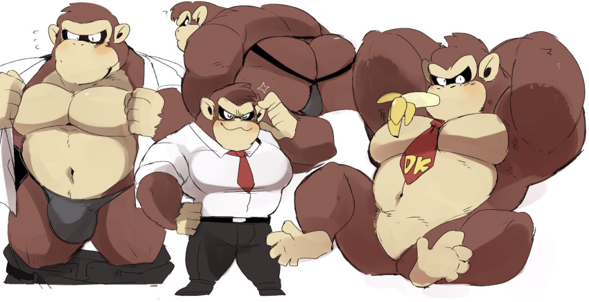 anthro ape banana belt bottomwear bulge butt clothed clothing donkey_kong_(character) donkey_kong_(series) eating eyewear food fruit glasses gorilla hands_behind_head haplorhine hi_res hyaku_(artist) jockstrap male mammal multiple_poses muscular muscular_male necktie nintendo null_bulge open_clothing open_shirt open_topwear pants pecs plant pose primate shirt simple_background smile topwear underwear undressing video_games