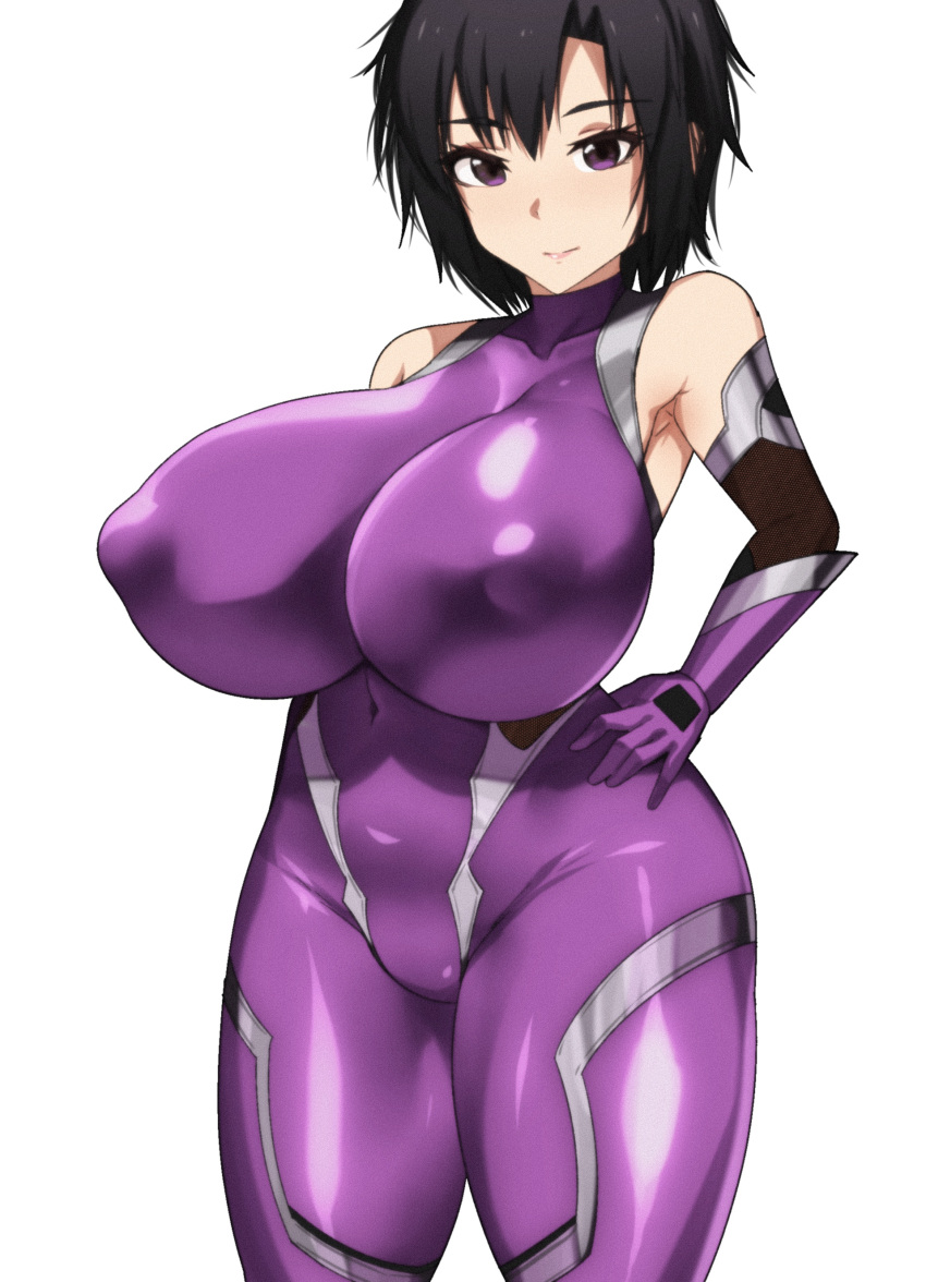 1girl absurdres alternate_breast_size bare_shoulders black_hair bodysuit breasts closed_mouth cosplay covered_collarbone covered_navel covered_nipples cowboy_shot eyebrows_visible_through_hair gloves hand_on_hip highres huge_breasts idolmaster idolmaster_(classic) igawa_asagi igawa_asagi_(cosplay) kikuchi_makoto kumako_(kumakonoh) looking_at_viewer purple_bodysuit purple_eyes purple_gloves short_hair simple_background solo taimanin_(series) taimanin_asagi taimanin_suit white_background