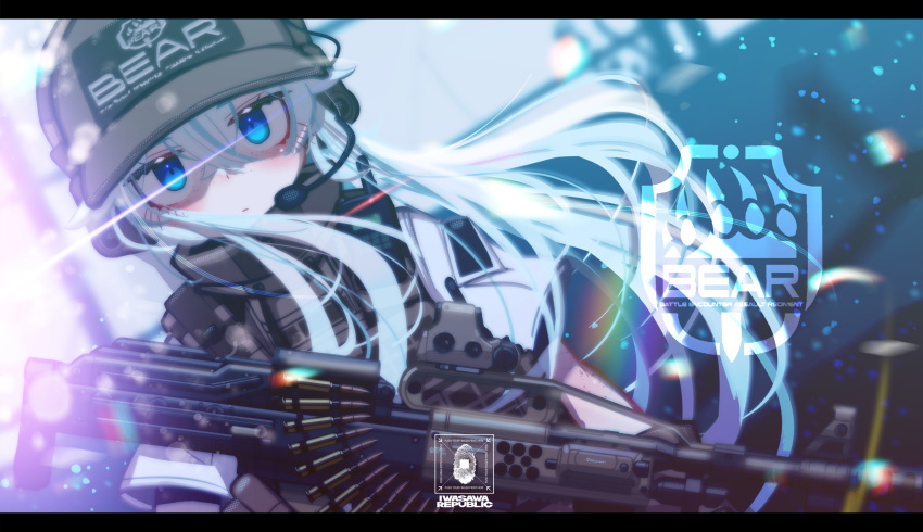1girl abstract_background absurdres ammunition_belt bangs blue_eyes brown_gloves brown_headwear brown_vest bullet closed_mouth commentary_request eotech escape_from_tarkov field_radio floating_hair freckles gloves gun hair_between_eyes hat headphones headset highres holding holding_gun holding_weapon iwasawayuki letterboxed light light_machine_gun long_hair looking_at_viewer machine_gun military original pale_skin pkp_pecheneg plate_carrier scope shaded_face short_sleeves sidelocks silver_hair solo tactical_clothes trigger_discipline vest visor_cap weapon