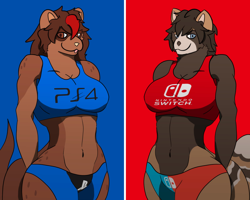 anthro athletic athletic_anthro athletic_female big_breasts big_butt bottomwear bra breasts brown_body brown_fur butt canid canine ceschi ceschi_(ceschi) clothed clothing crossgender digital_media_(artwork) domestic_ferret duo dyed_(dyed) female female/female fur hair hi_res looking_at_viewer mammal mtf_crossgender muscular muscular_anthro mustela mustelid musteline nintendo nintendo_switch open_mouth playstation playstation_4 raccoon_dog shorts simple_background skinny smile sony_corporation sony_interactive_entertainment sony_pictures sports_bra sportswear standing tanuki thick_thighs topwear true_musteline underwear video_games wide_hips