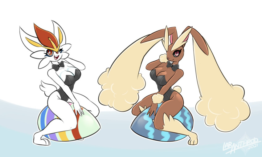 anthro big_breasts big_ears bow_tie breasts brown_body brown_fur cinderace cleavage clothed clothing duo easter easter_egg female fur holidays lagomorph latiar leotard long_ears looking_at_viewer lopunny mammal nintendo open_mouth playboy_bunny pok&eacute;mon pok&eacute;mon_(species) sitting smile video_games white_body white_fur