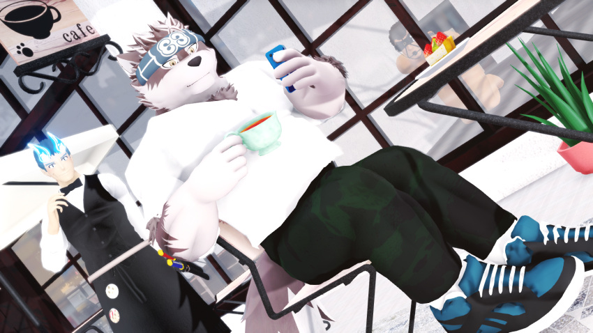 3d_(artwork) accessory anthro ball_gag bdsm beverage blindfold canid canine canis cellphone clothing cup dessert digital_media_(artwork) food fur gag group harness headband hi_res holding_object horkeukamui human kengo_takabushi male malicekira mammal multicolored_body multicolored_fur muscular muscular_male oblivious phone pie sitting smartphone smile tea tea_cup toji_(tas) tokyo_afterschool_summoners video_games white_body white_fur wolf