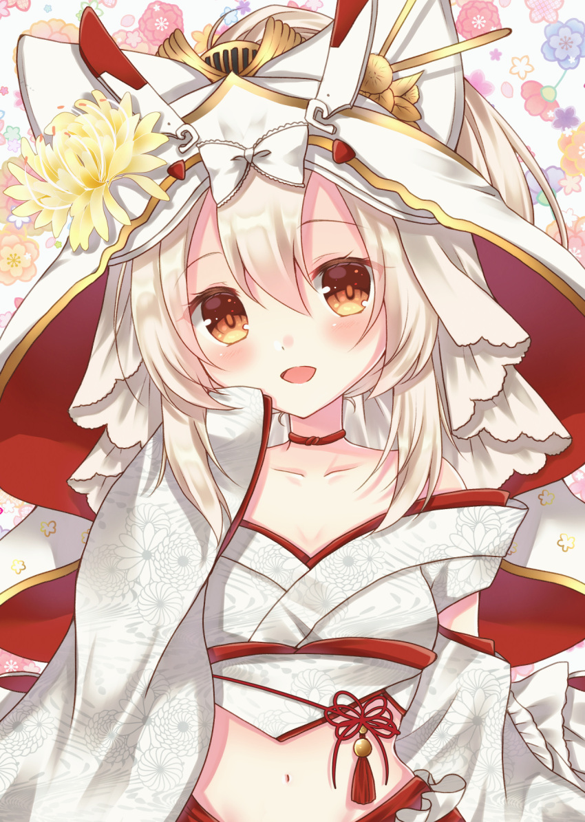 1girl :d ayanami_(azur_lane) ayanami_(demon's_dress)_(azur_lane) azur_lane bangs breasts choker cleavage collarbone commentary_request detached_sleeves eyebrows_visible_through_hair head_tilt headgear highres japanese_clothes kimono long_hair looking_at_viewer midriff nami7711 navel open_mouth orange_eyes ponytail retrofit_(azur_lane) sidelocks silver_hair sleeves_past_wrists smile solo tsunokakushi uchikake wide_sleeves