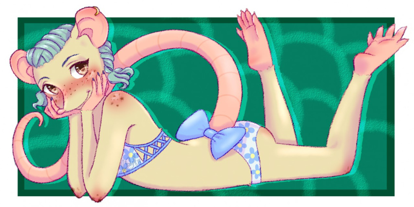 anthro blue_hair blush butt clothing female freckles hair kat_(katrat) katrat looking_at_viewer lying mammal murid murine on_front rat ribbons rodent solo swimwear