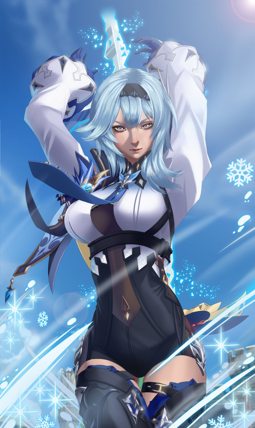1girl armband arms_behind_head arms_up blue_hair bodysuit boots breasts eula_(genshin_impact) genshin_impact gloves highres kouichi09 looking_at_viewer outdoors snowflakes solo thigh_boots thigh_strap thighhighs