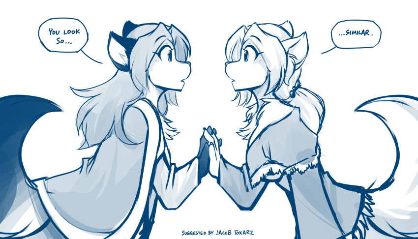 2021 7:4 anthro arctic_fox black_tipped_ears canid canine clothed clothing coat conditional_dnp curled_tail dialogue dipstick_tail duo english_text face_to_face female fox hair hand_holding hi_res keidran laura_(twokinds) long_hair mammal monochrome multicolored_tail side_view simple_background sketch stare staring_into_eyes text tom_fischbach topwear twokinds webcomic white_background
