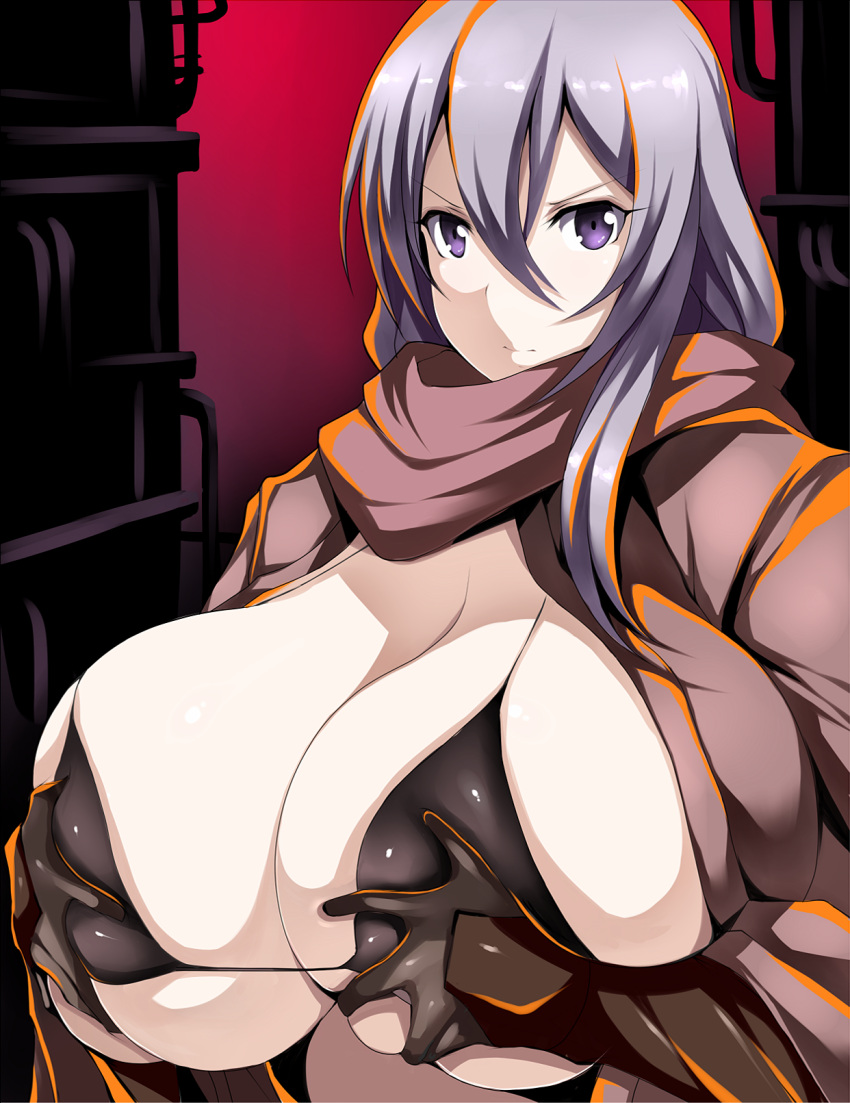 1girl black_bra black_gloves bra breasts cleavage dragon_yukano gloves grabbing_own_breast hair_between_eyes highres huge_breasts light_purple_hair long_hair looking_at_viewer ninja ninja_slayer purple_hair scarf solo tsukasawa_takamatsu underwear vambraces