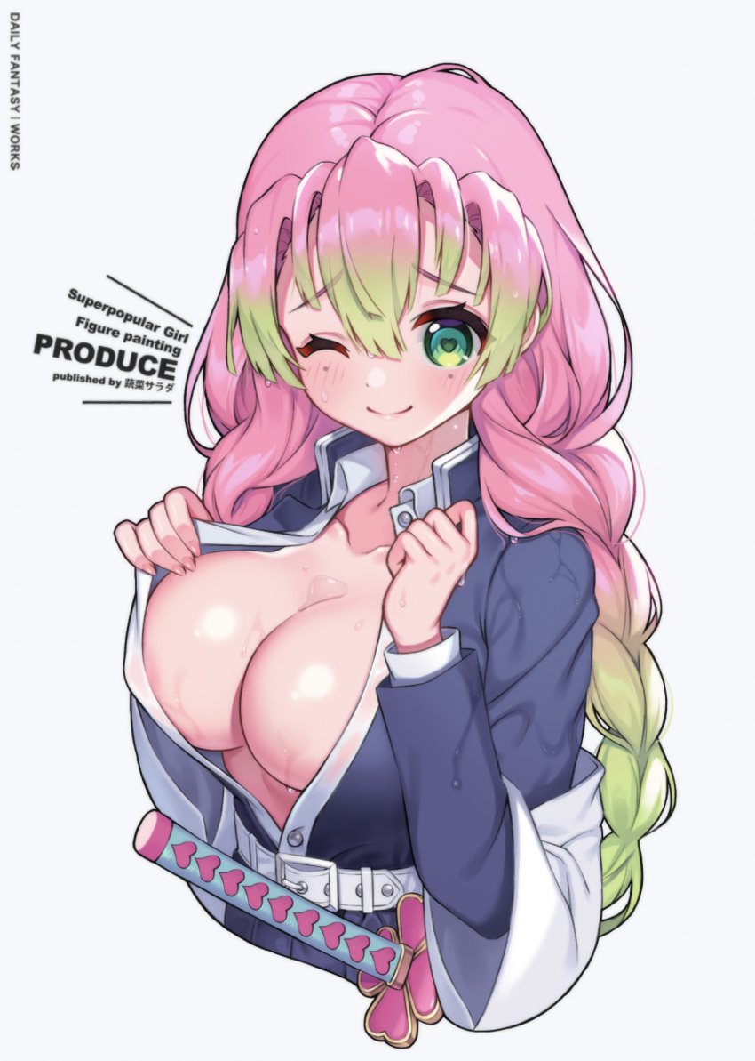 1girl ;) bangs belt belt_buckle black_jacket blush braid breasts buckle bust_cup chinese_commentary cleavage closed_mouth collarbone commentary_request cropped_torso english_text eyebrows_visible_through_hair gradient_hair green_eyes green_hair hair_between_eyes heart heart-shaped_pupils highres jacket kanroji_mitsuri kimetsu_no_yaiba large_breasts long_hair long_sleeves looking_at_viewer mole mole_under_eye multicolored_hair no_bra one_eye_closed open_clothes open_jacket pink_hair sheath sheathed smile solo sosai_salada symbol-shaped_pupils twin_braids undressing upper_body weapon wet