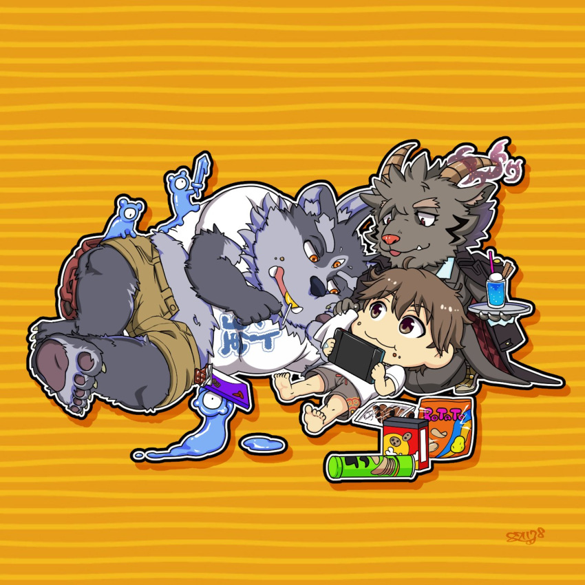 1461_1641 3_eyes anthro black_body black_fur bovid butler caprine fur goat group hi_res horn human lying male mammal mephistopheles_(tas) multi_eye on_back on_side protagonist_(tas) slightly_chubby snacks tokyo_afterschool_summoners tsathoggua tusks twink_protagonist_(tas) video_games