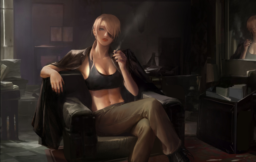 1girl absurdres black_footwear black_tank_top blonde_hair blue_eyes breasts butter_squid chainsaw_man chair cigarette cleavage crop_top crossed_legs eyepatch green_pants highres holding holding_cigarette jacket jacket_on_shoulders looking_at_viewer low_tied_hair medium_breasts mirror navel pants papers parted_lips quanxi_(chainsaw_man) reflection smoke tank_top