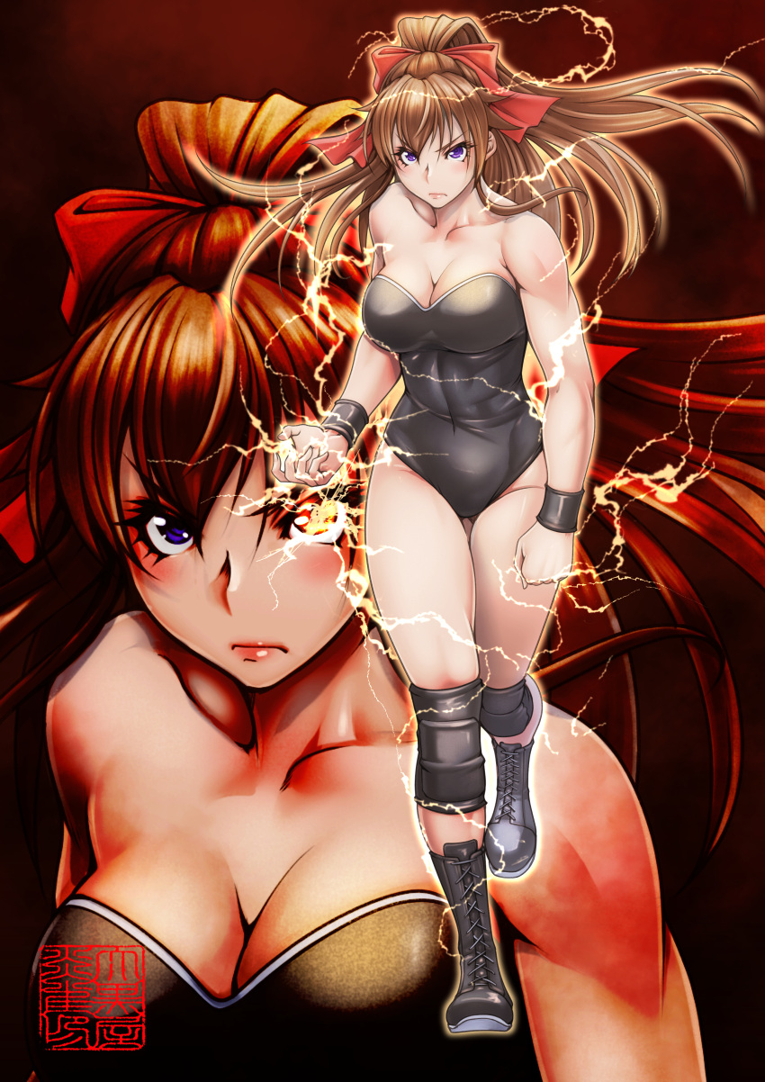 1girl absurdres black_background black_leotard boots bow breasts brown_hair collarbone covered_navel cross-laced_footwear daikokuya_yenjaku electricity full_body gradient gradient_background hair_bow highres knee_pads lace-up_boots leotard lips logo long_hair looking_at_viewer medium_breasts ponytail purple_eyes red_background red_bow solo thunder_ryuko wrestle_angels wrestle_angels_survivor wrestler wrestling_outfit