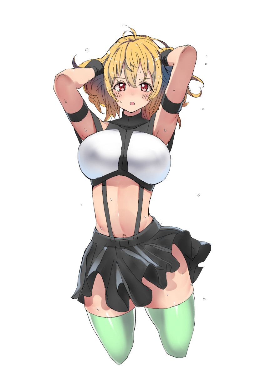 1girl absurdres alternate_breast_size angelise_ikaruga_misurugi arm_strap bangs black_gloves black_skirt blonde_hair blush breasts brown_eyes cropped_legs cross_ange eyebrows_visible_through_hair gloves hands_in_hair highres kobo_(cobo_0609) large_breasts looking_at_viewer midriff navel open_mouth short_hair skirt solo suspender_skirt suspenders sweat thighhighs white_background