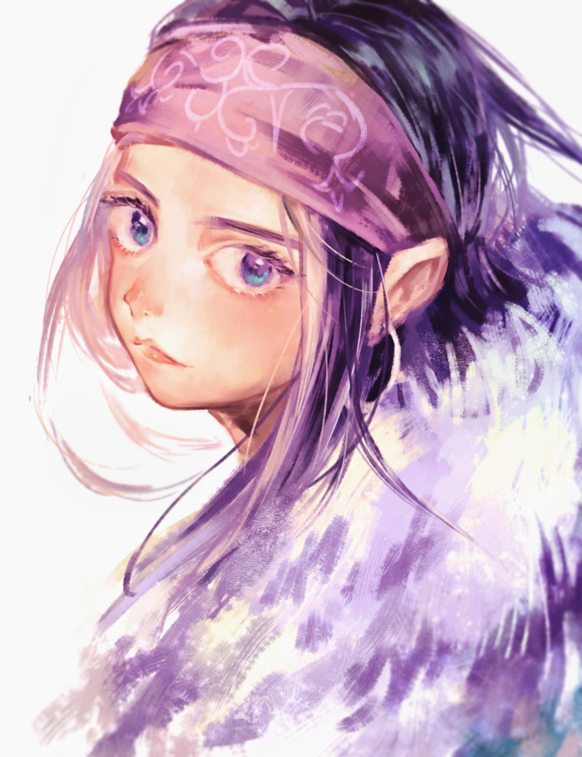 1girl absurdres asirpa black_hair blue_eyes fur golden_kamuy highres long_hair looking_back mameka_(jenny890311) portrait purple_headband solo white_background