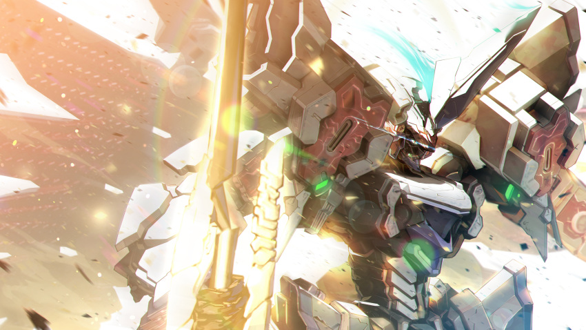 blue_eyes demonbane demonbane_(mecha) glowing glowing_eye highres holding holding_lance holding_polearm holding_weapon horns kuri_giepi lance lens_flare looking_down mecha mechanical_wings no_humans polearm science_fiction single_horn solo upper_body weapon wings