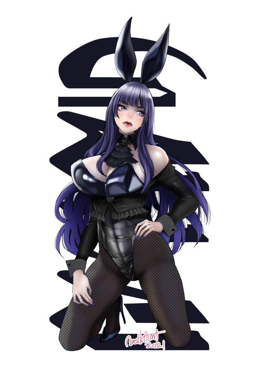 1girl animal_ears bangs bare_shoulders breasts bunny_ears cleavage covered_navel final_fantasy final_fantasy_xiv fishnet_legwear fishnets gaia_(ff14) hand_on_hip high_heels highres kneehighs long_hair ooshima_ryou playboy_bunny purple_eyes purple_hair purple_nails solo